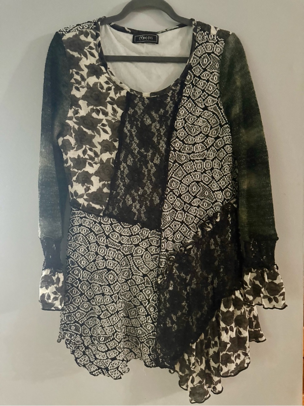 MINKAS Patchwork Mixed Media Tunic Top Blouse Whimsigoth Fairycore Boho L